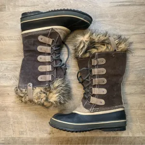 Sorel Joan of Arctic Tall Mid Calf Suede Fur Trim Waterproof Lace Boots