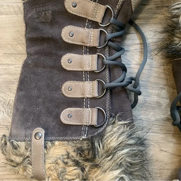 Sorel Joan of Arctic Tall Mid Calf Suede Fur Trim Waterproof Lace Boots