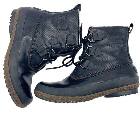 Sorel Joplin Waterproof Lace Up Slick Shine Rain Duck Boot Black Brown 7.5
