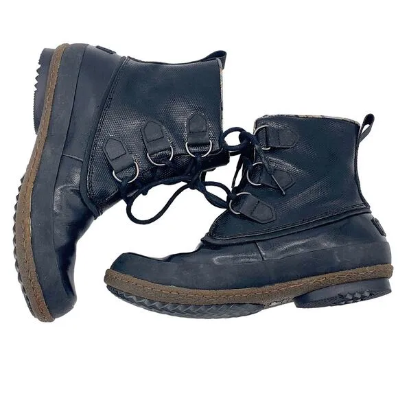 Sorel Joplin Waterproof Lace Up Slick Shine Rain Duck Boot Black Brown 7.5