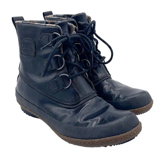 Sorel Joplin Waterproof Lace Up Slick Shine Rain Duck Boot Black Brown 7.5