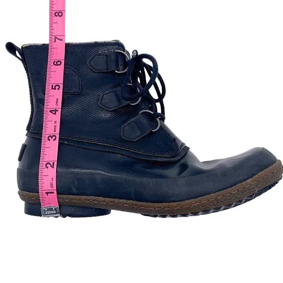Sorel Joplin Waterproof Lace Up Slick Shine Rain Duck Boot Black Brown 7.5