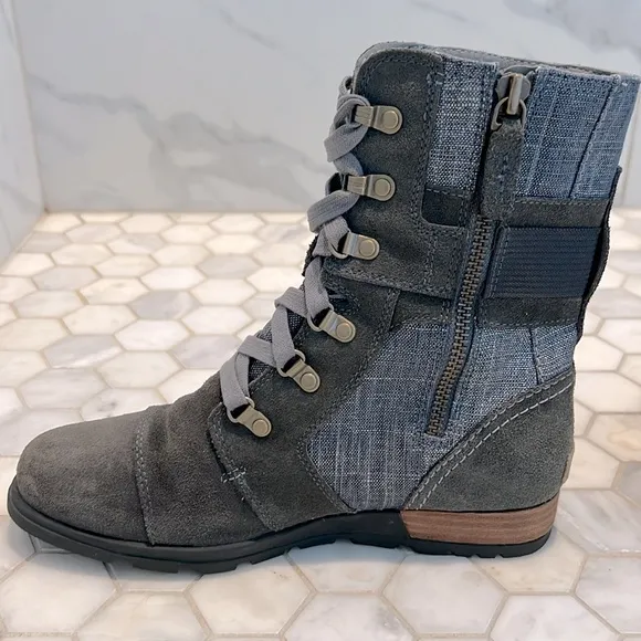 Sorel Major Carly Shark Blue &amp; Graphite Gray Leather Combat Lace Up Boots Size 8