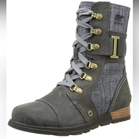 Sorel Major Carly Shark Blue &amp; Graphite Gray Leather Combat Lace Up Boots Size 8