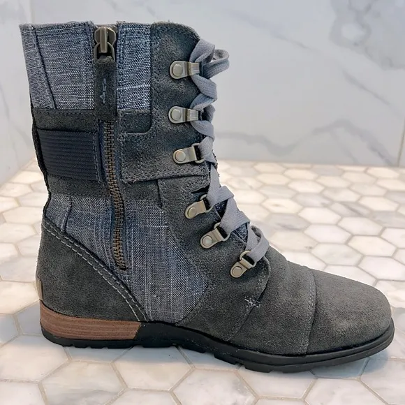 Sorel Major Carly Shark Blue &amp; Graphite Gray Leather Combat Lace Up Boots Size 8