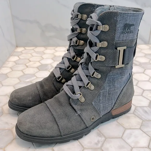 Sorel Major Carly Shark Blue &amp; Graphite Gray Leather Combat Lace Up Boots Size 8