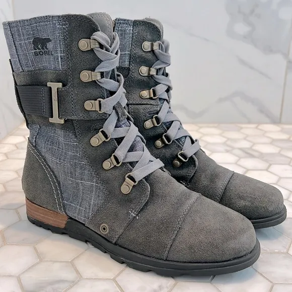 Sorel Major Carly Shark Blue &amp; Graphite Gray Leather Combat Lace Up Boots Size 8