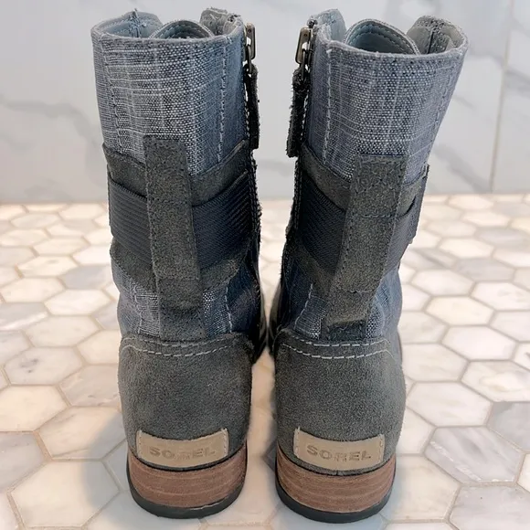 Sorel Major Carly Shark Blue &amp; Graphite Gray Leather Combat Lace Up Boots Size 8
