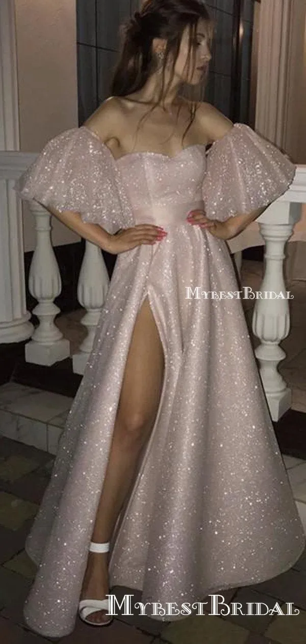 Sparkly A-Line Pink Sequins Sweetheart Long Cheap Sparkle EveningParty Prom Dresses with Sleeves, PDS0049