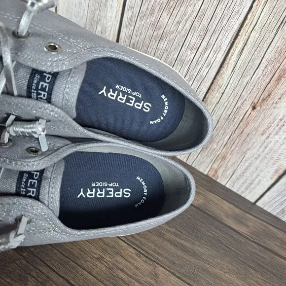 Sperry Pier View Sparkle Gray Lace Up Canvas Sneaker Women's Sz 8.5 M (VGC)
