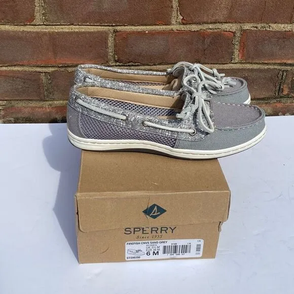 Sperry Sand Grey Canvas Firefish Core Top-Sider Boat Slip On Shoe Size 5 NEW