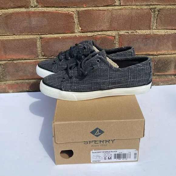 Sperry Seacoast Grey/Black Sparkle Slip On Top sider Boat Sneaker Size 5 NEW