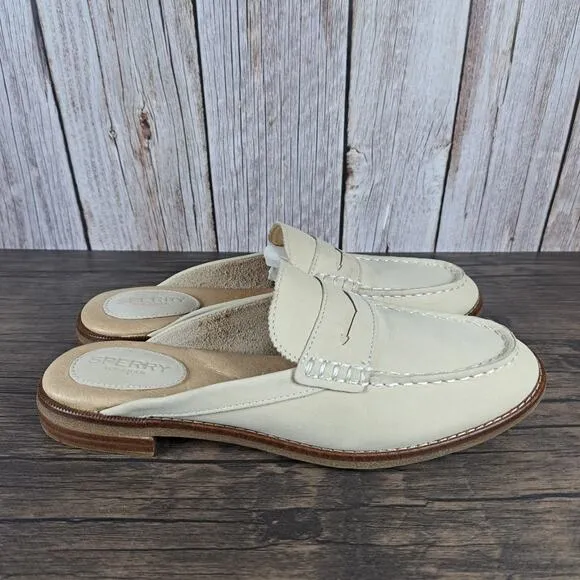 Sperry Seaport Fina Mule Leather Penny Loafer Slipon Women's Sz 7.5 Oat (GUC)