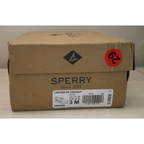 Sperry YB46122A Unisex Kids' Sz 3M Dark Tan/Navy Leather Lanyard Boat Shoes