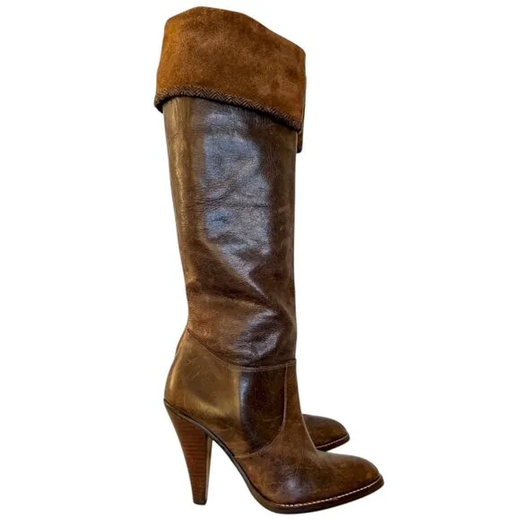 STEVE MADDEN Mottt Suede Cuff Tall Heeled Leather Boots 7 Herringbone Trim Knee