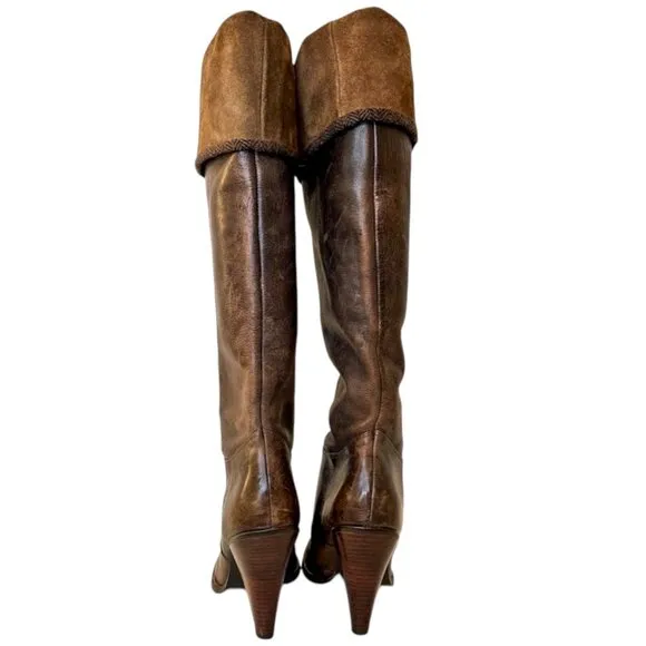 STEVE MADDEN Mottt Suede Cuff Tall Heeled Leather Boots 7 Herringbone Trim Knee