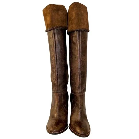 STEVE MADDEN Mottt Suede Cuff Tall Heeled Leather Boots 7 Herringbone Trim Knee