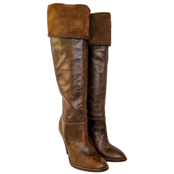 STEVE MADDEN Mottt Suede Cuff Tall Heeled Leather Boots 7 Herringbone Trim Knee