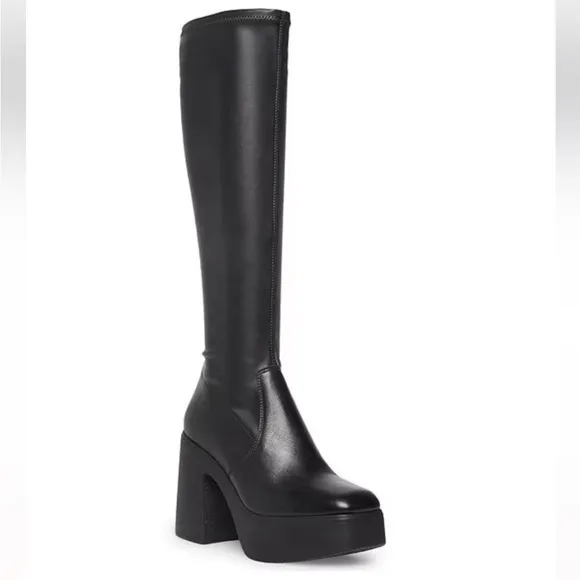 Steve Madden Phoenix Sultry Pull On Stretchy Black Platform Tall Boots