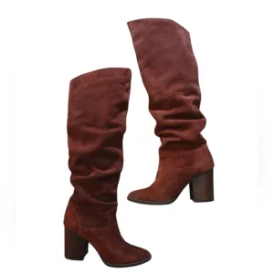 Steve Madden Savas Tall Suede Slouch Boots Burgundy Knee High Heeled Boot 6