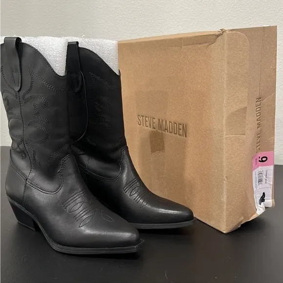 Steve Madden Western Black Leather Boots Size 6