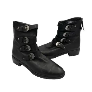 Stuart Weitzman 9M Jitterbug Black Leather Buckle Detail Zip Up Ankle Moto Boots