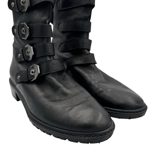 Stuart Weitzman 9M Jitterbug Black Leather Buckle Detail Zip Up Ankle Moto Boots