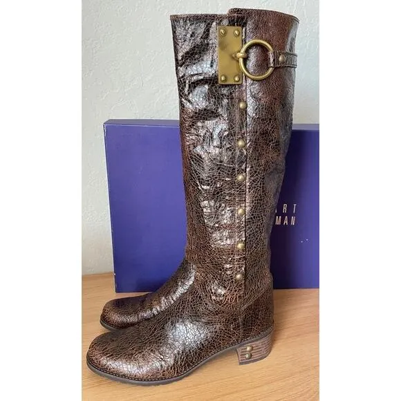 Stuart Weitzman Brown Leather Tall Boots Brass Ring