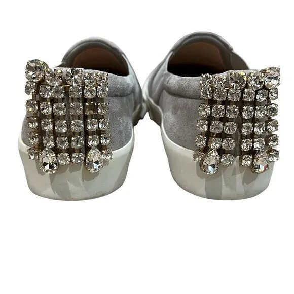 STUART WEITZMAN Jewel Crystal Embellished Gray Suede Leather Slip On Sneakers Sh