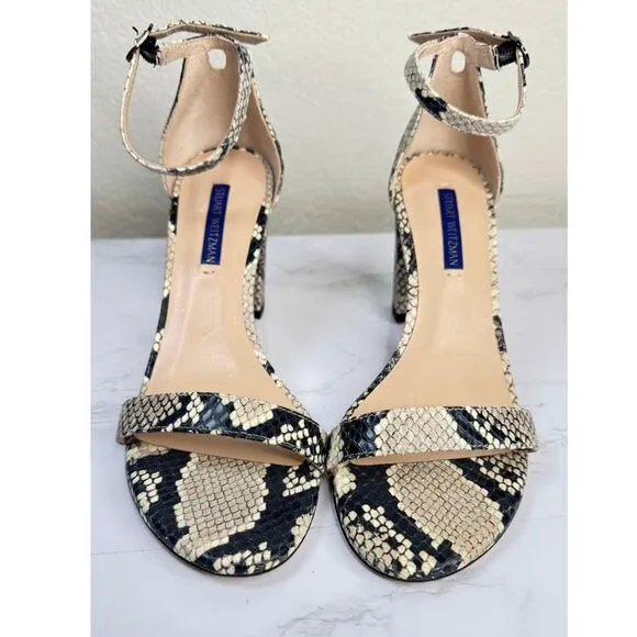 Stuart Weitzman NearlyNude Block Heels Snake Print Leather Sandals Heels Size 7