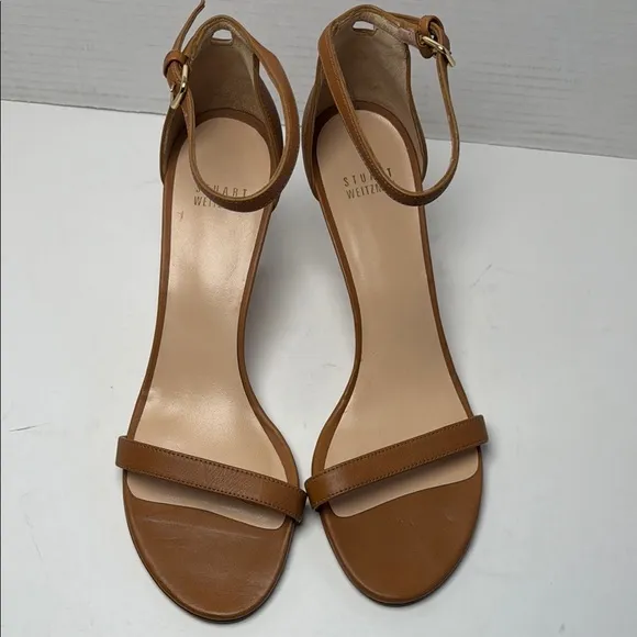 STUART WEITZMAN Women's Nun Naked Carmel Leather Ankle Strap 3&quot; Heels Size 8.5