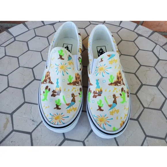 Sz 10.5 Vans Men Get Outdoors Multicolor Desert Canvas Slip On Shoes Cream White