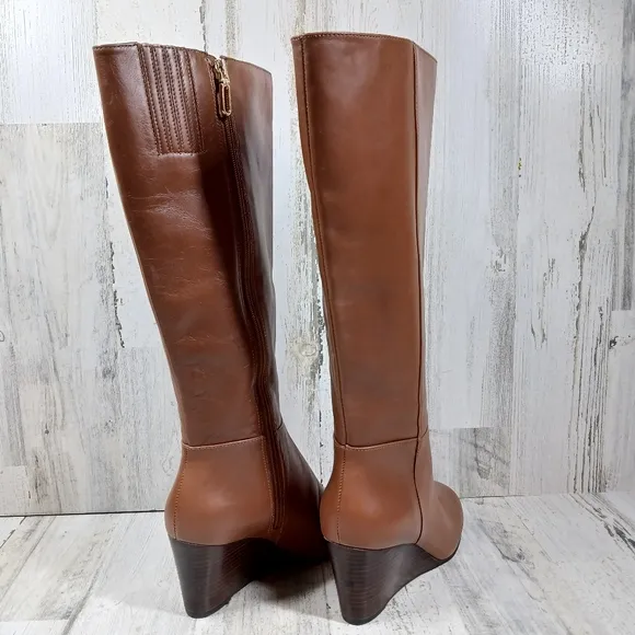 Talbots Lilia Tall Elegant Brown Leather Wedge Boots #1258
