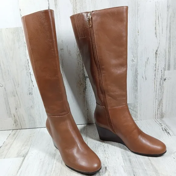Talbots Lilia Tall Elegant Brown Leather Wedge Boots #1258