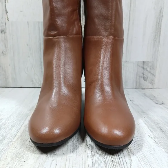 Talbots Lilia Tall Elegant Brown Leather Wedge Boots #1258