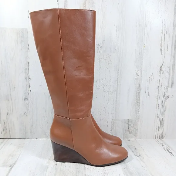 Talbots Lilia Tall Elegant Brown Leather Wedge Boots #1258