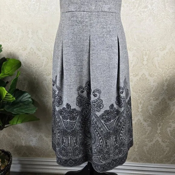 Talbots Size 10 Gray &amp; Black Pattern A-Line Dress Wool Blend Short Sleeve