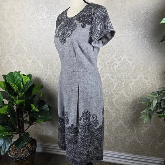 Talbots Size 10 Gray &amp; Black Pattern A-Line Dress Wool Blend Short Sleeve