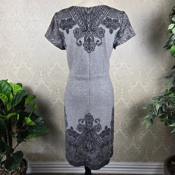 Talbots Size 10 Gray &amp; Black Pattern A-Line Dress Wool Blend Short Sleeve
