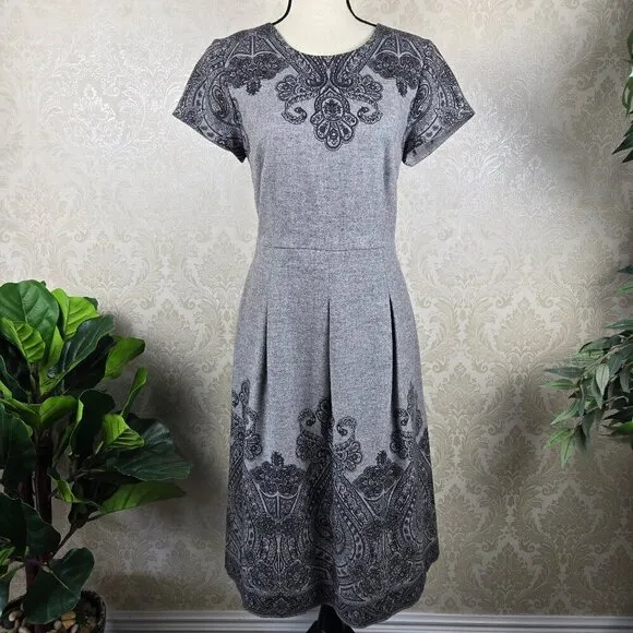 Talbots Size 10 Gray &amp; Black Pattern A-Line Dress Wool Blend Short Sleeve