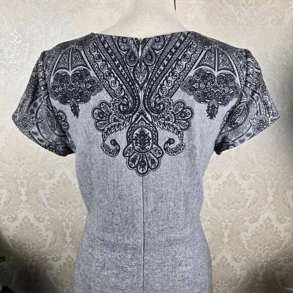 Talbots Size 10 Gray &amp; Black Pattern A-Line Dress Wool Blend Short Sleeve
