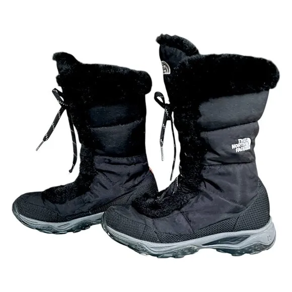 The North Face Nuptse Goosedown Mid Calf Snow Boots Faux Fur Trim Size 8.5