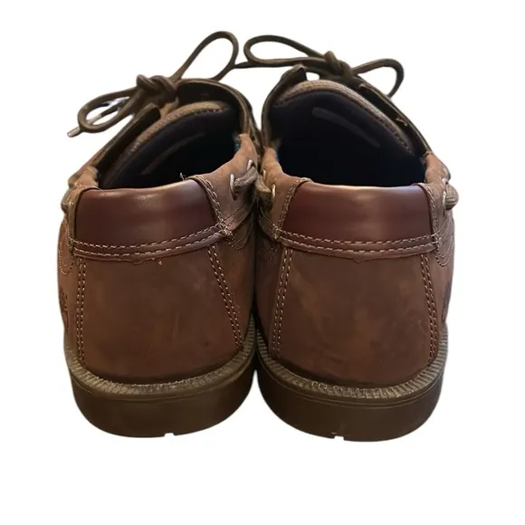 Timberland Classic Brown 2-Eye Tie Leather Boat Shoe Size 10W Contrast Stitch