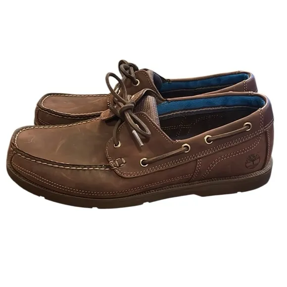 Timberland Classic Brown 2-Eye Tie Leather Boat Shoe Size 10W Contrast Stitch