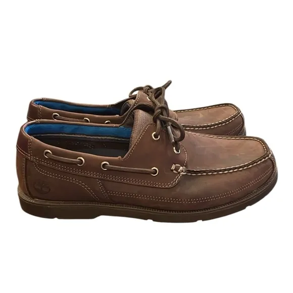 Timberland Classic Brown 2-Eye Tie Leather Boat Shoe Size 10W Contrast Stitch