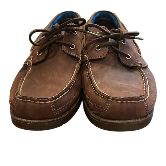 Timberland Classic Brown 2-Eye Tie Leather Boat Shoe Size 10W Contrast Stitch
