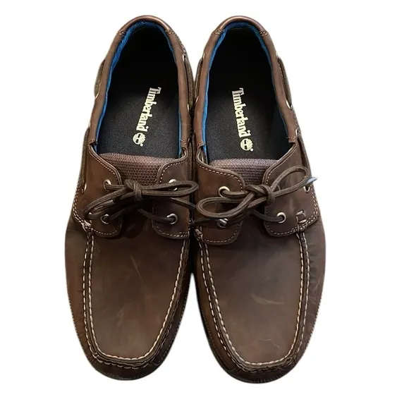 Timberland Classic Brown 2-Eye Tie Leather Boat Shoe Size 10W Contrast Stitch