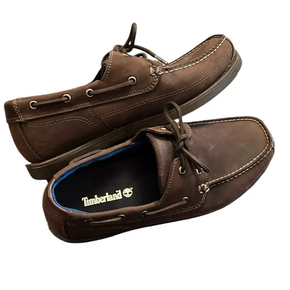 Timberland Classic Brown 2-Eye Tie Leather Boat Shoe Size 10W Contrast Stitch