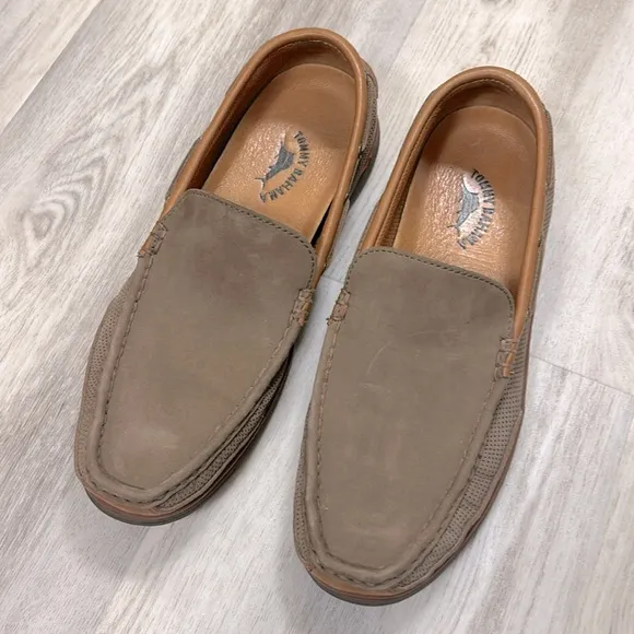 Tommy Bahama Sail Away Slip-On Boat Shoes Brown Leather Dark Olive Loafers 11.5