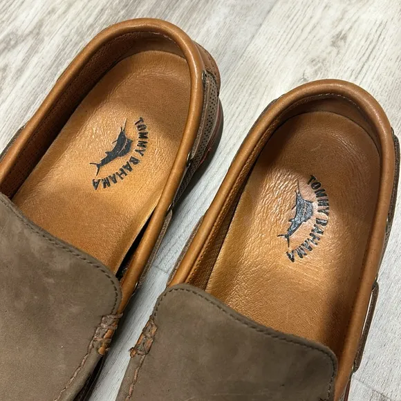Tommy Bahama Sail Away Slip-On Boat Shoes Brown Leather Dark Olive Loafers 11.5